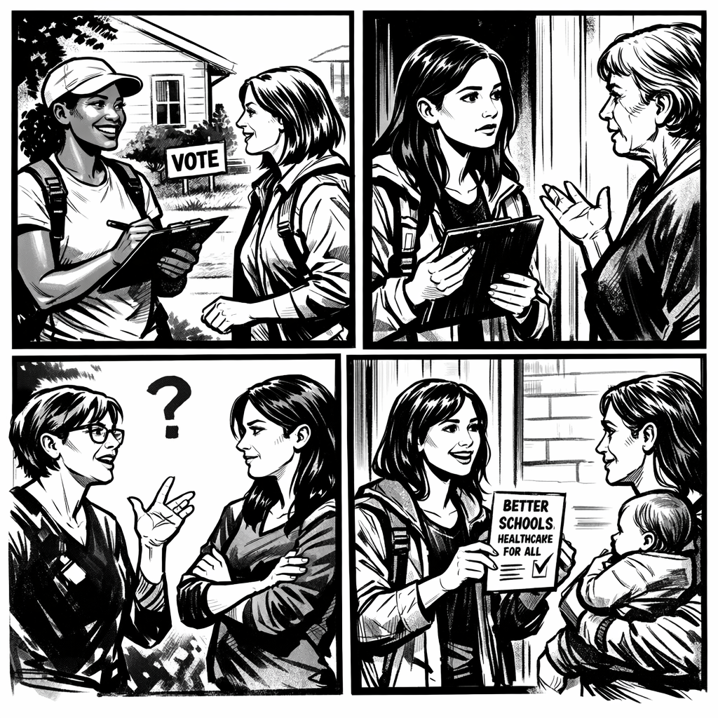 Door canvassing visual showing why repeated voter conversations strengthen campaign message discovery and trust-building.