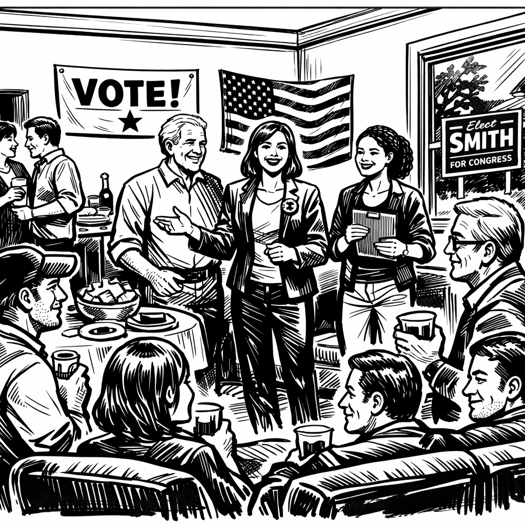 Candidate speaking with neighbors at a house party gathering inside a supporter's home.