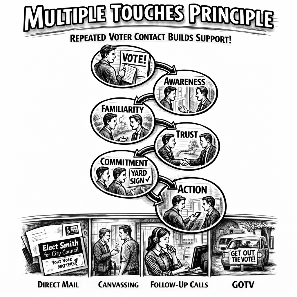 Multiple touches sequence showing repeated voter contact across mail, canvassing, follow-up, and turnout reminders.