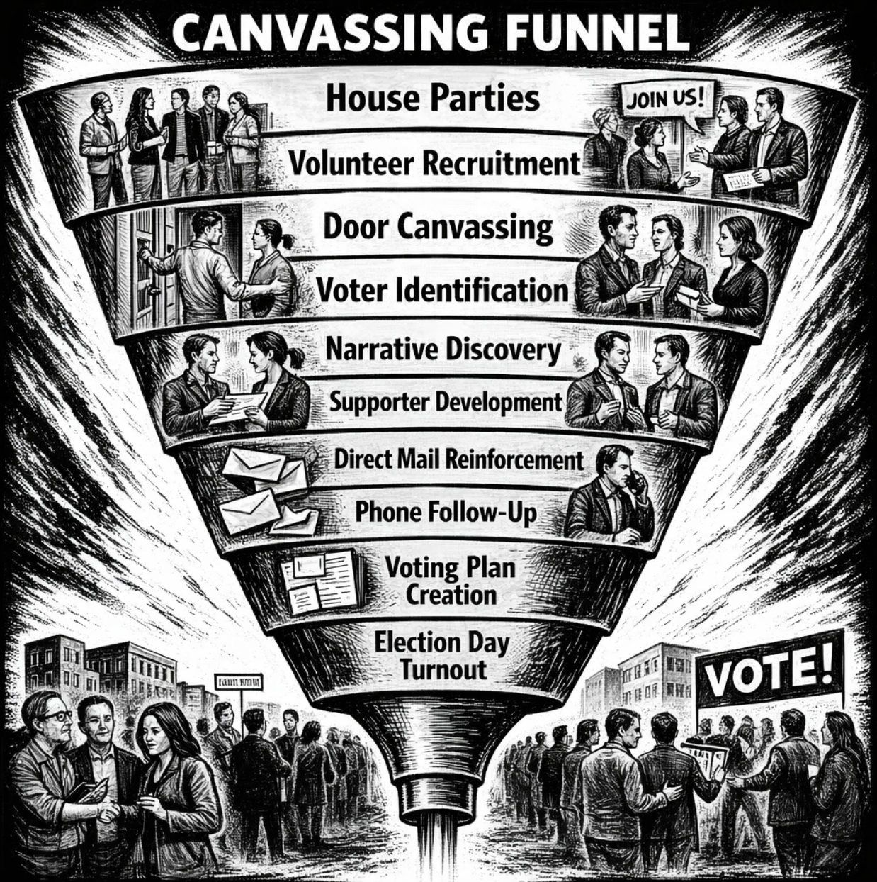 Voter funnel diagram showing movement from identification through supporter commitment and turnout planning.